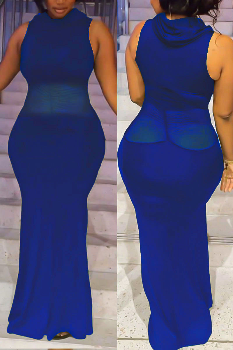 Blue Sexy Daily Party Elegant Simplicity Patchwork See-through Mesh Half A Turtleneck Sleeveless Dress Dresses