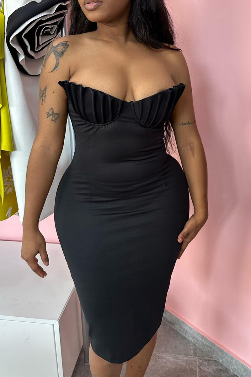 Black Sexy Daily Party Elegant Fold Solid Color Strapless Dresses