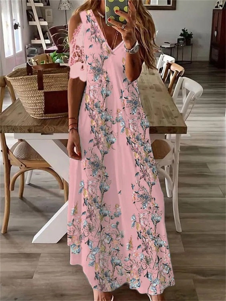 Boho Floral Lace Hollow Shoulder Maxi Dress