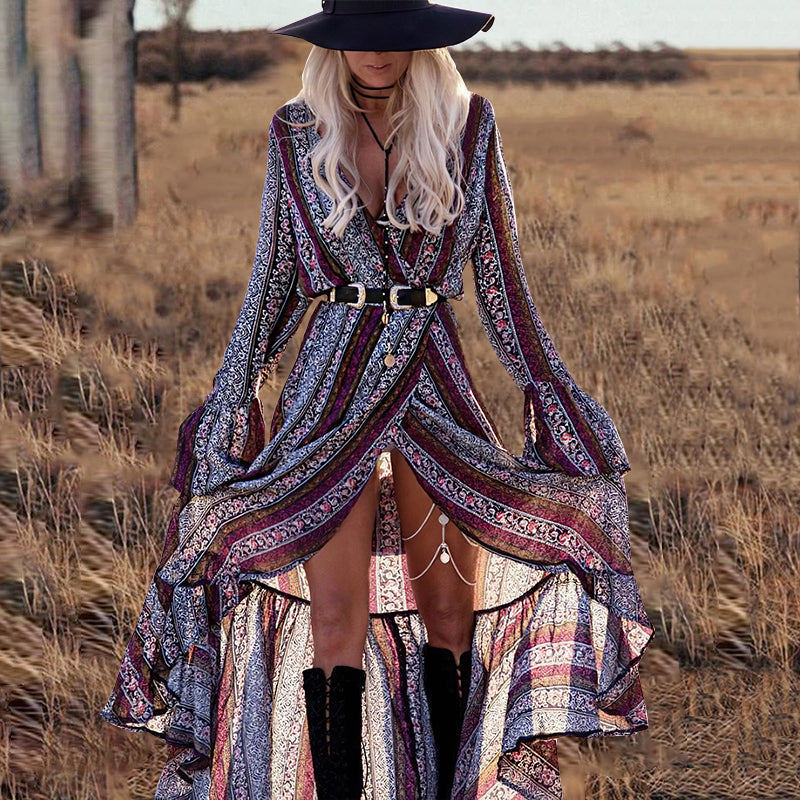 Bohemian Print V Neck Bell Sleeve Maxi Dress