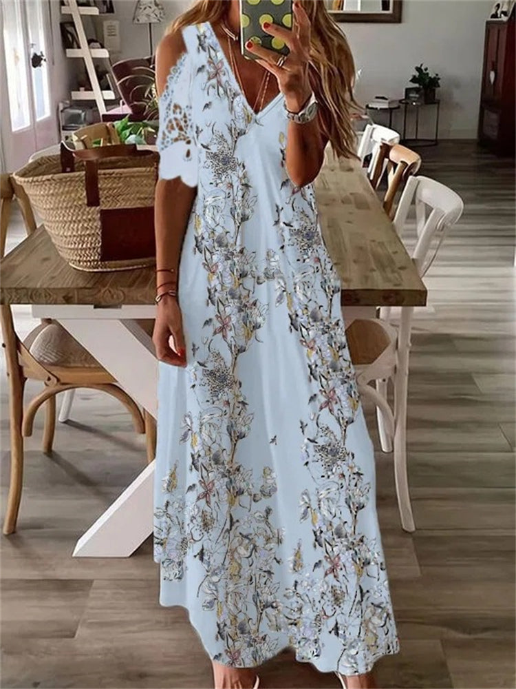 Boho Floral Lace Hollow Shoulder Maxi Dress