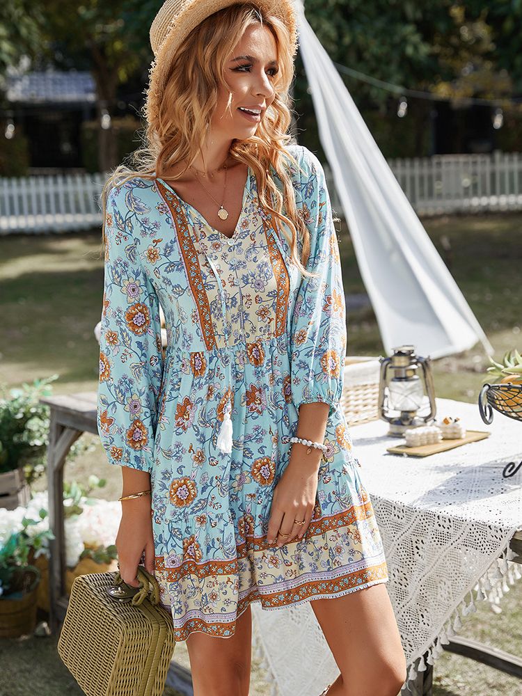 Bohe Vintage Floral Print Tassel Loose Summer Dress For Women Casual V-neck Ruffles Mini Dress Female Spring Holiday Party Dress
