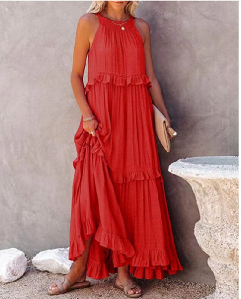 Casual Elegant Ruffle Halter Sleeveless Female Party Outfits Beach Maxi Dress