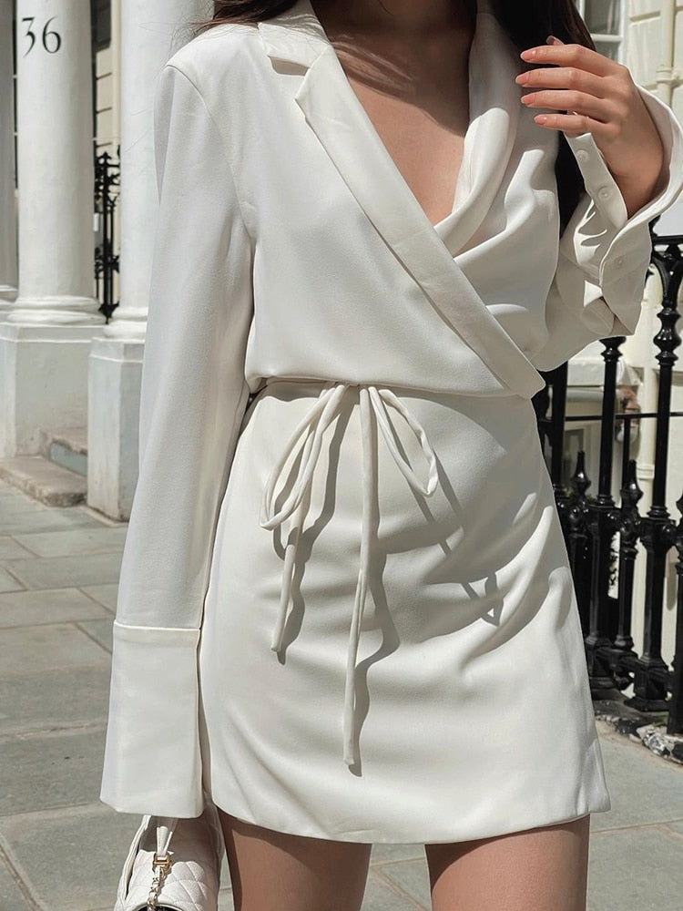 Black Satin V-Neck Shirt Dress Women 2023 Spring Flare Sleeve Lace Up Mini Dresses Elegant Ladies Party Vestidos