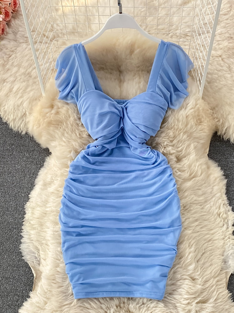 Blue/Khaki/White Sexy Draped Bodycon Dress Women Elegant Square Collar Short Sleeve High Waist Mini Vestidos Party Robe New