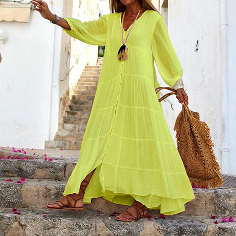 Bohemian Solid V-Neck Loose Dress Spring Autumn Women's Fashion Slim Single breasted Long Sleeve Cotton Hemp Ruffle Dresses