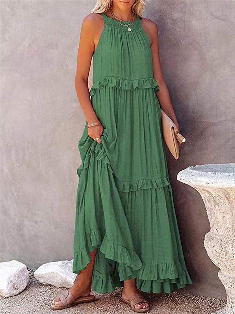 Casual Elegant Ruffle Halter Sleeveless Female Party Outfits Beach Maxi Dress