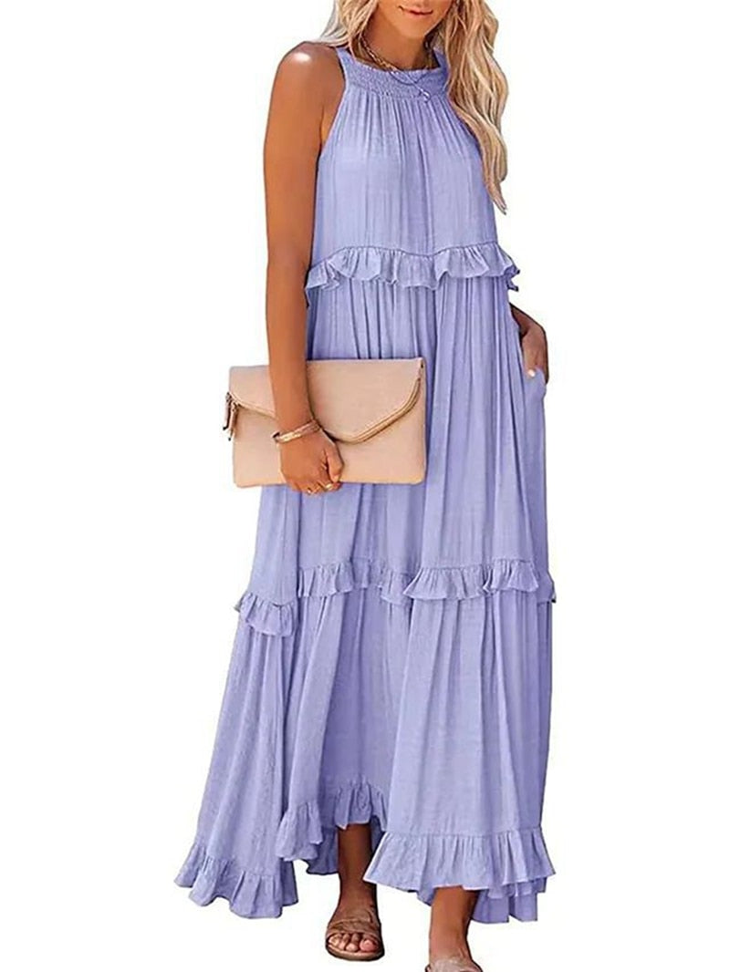 Casual Elegant Ruffle Halter Sleeveless Female Party Outfits Beach Maxi Dress