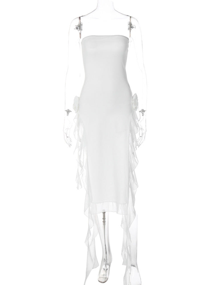 Black Strapless Midi Dress Women Fashion Irregular Ruffles Y2K Fairy Dress Sexy Backless Split Party Club Outfits 2024 Summer