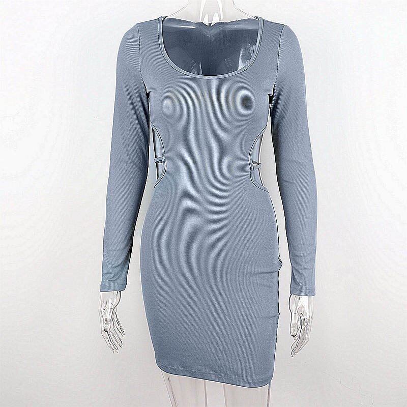 Blue Bodycon Dresses for Women 2023 Spring Fashion Cut Out Lace Up Backless V Neck Long Sleeve Mini Dress