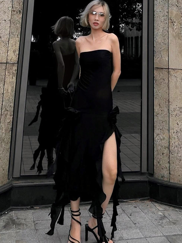Black Strapless Midi Dress Women Fashion Irregular Ruffles Y2K Fairy Dress Sexy Backless Split Party Club Outfits 2024 Summer
