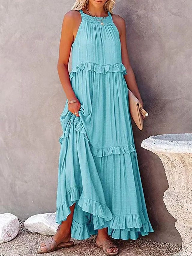 Casual Elegant Ruffle Halter Sleeveless Female Party Outfits Beach Maxi Dress