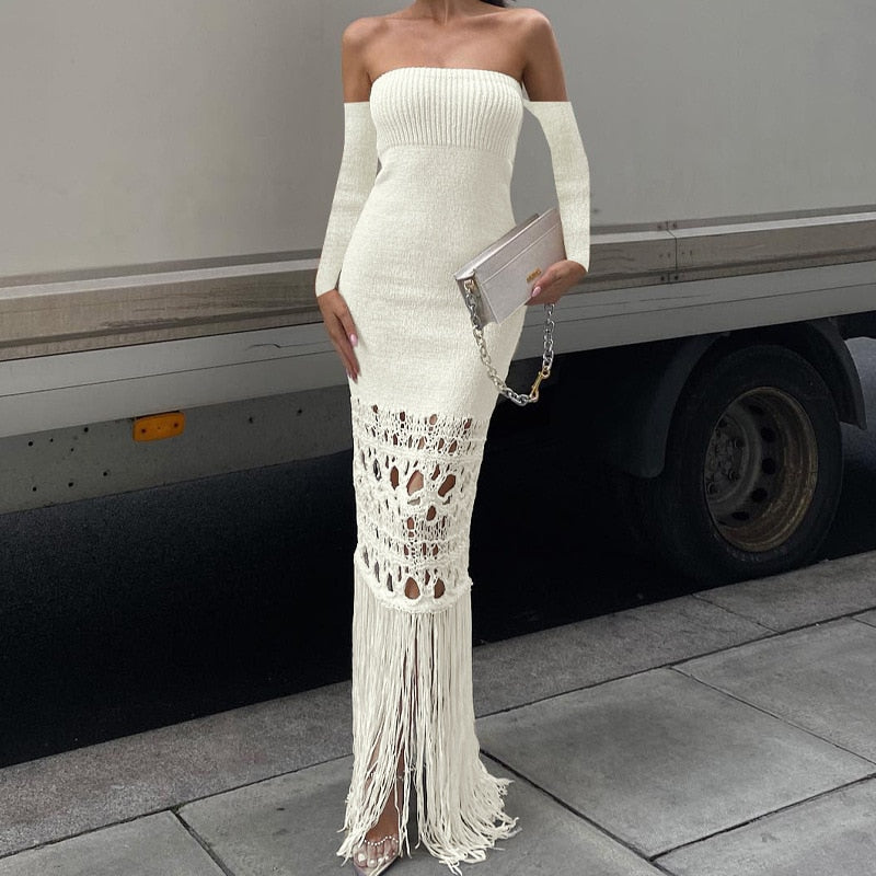 Bodyocn Maxi Dress for Women Elegant Sexy Strapless Christmas Party Dress Autumn Long Sleeve Tassel Knitted Sweater Dress