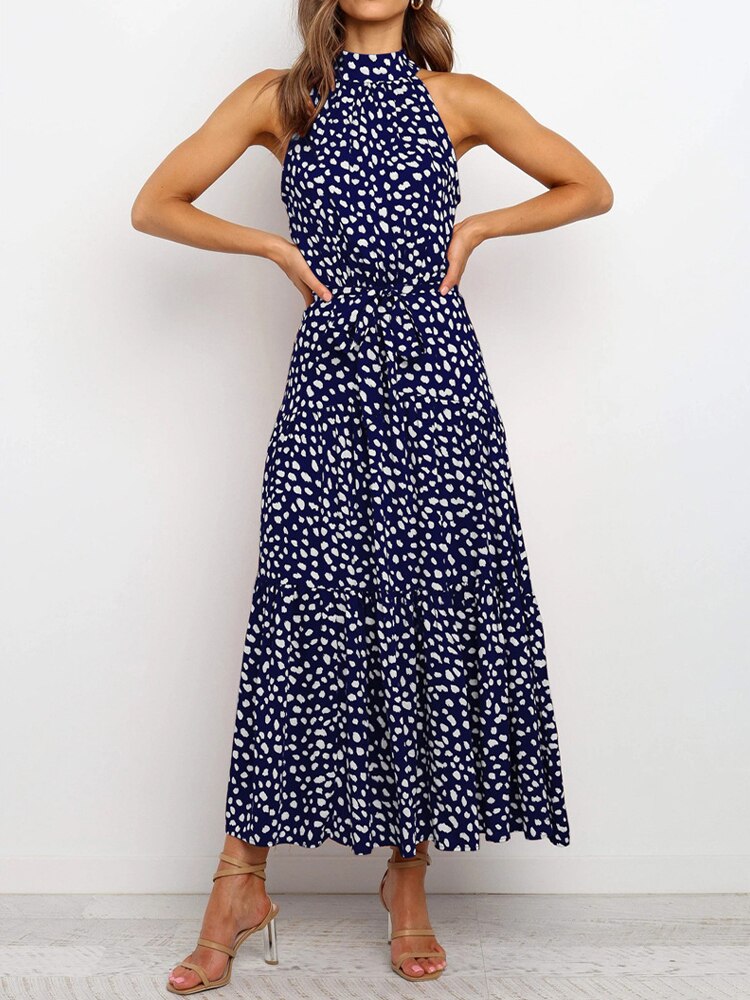 Boho Dress Women Summer Sleeveless Bohemian Halter Long Dress Ladies Vacation Holiday Party Beach Maxi Dress Vestidos De Mujer