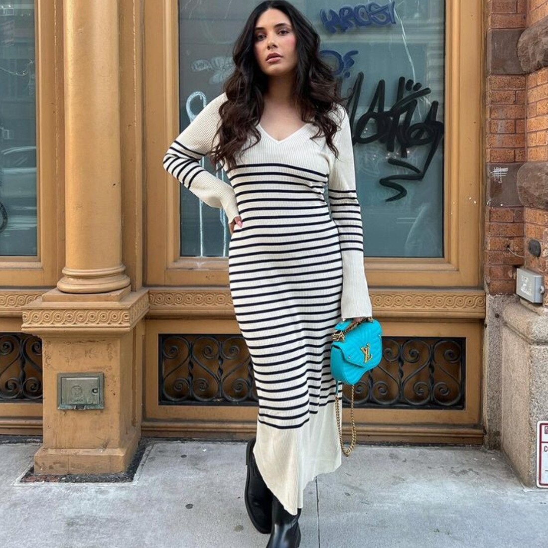Black White Striped Knitted Maxi Dress for Women Elegant Long Sleeve Slim Sweater Dress Autumn Winter Causal Long Dress 2023