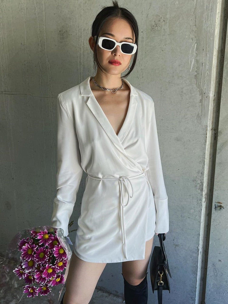 Black Satin V-Neck Shirt Dress Women 2023 Spring Flare Sleeve Lace Up Mini Dresses Elegant Ladies Party Vestidos