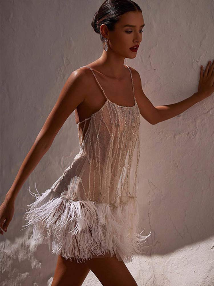Bling Glitter Tassel Women Mesh Mini Dress Sexy Backless Spaghetti Strap Prom Dress Summer Party Club Elegant Y2K Slim Dresses