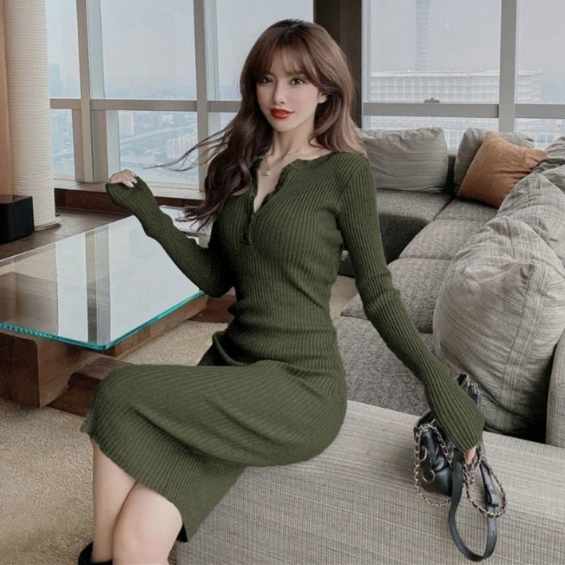 Black Sexy Female Knit Dress Winter Autumn Wrap Midi Green Bodycon 2023 Fashion Sweater Dresses Woman Vintage Korean Mini Short