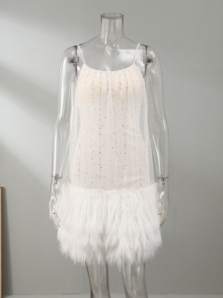 Bling Glitter Tassel Women Mesh Mini Dress Sexy Backless Spaghetti Strap Prom Dress Summer Party Club Elegant Y2K Slim Dresses