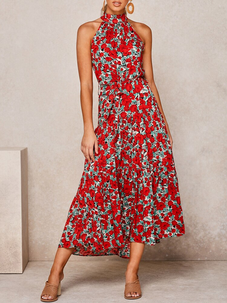Boho Dress Women Summer Sleeveless Bohemian Halter Long Dress Ladies Vacation Holiday Party Beach Maxi Dress Vestidos De Mujer