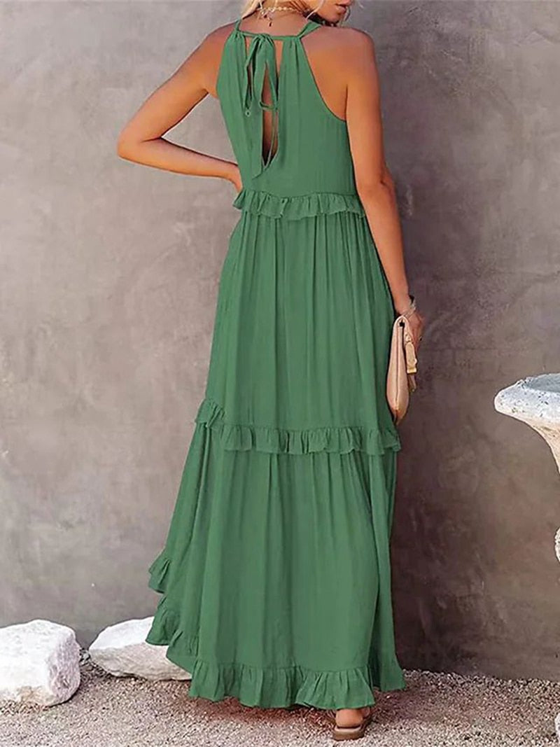 Casual Elegant Ruffle Halter Sleeveless Female Party Outfits Beach Maxi Dress