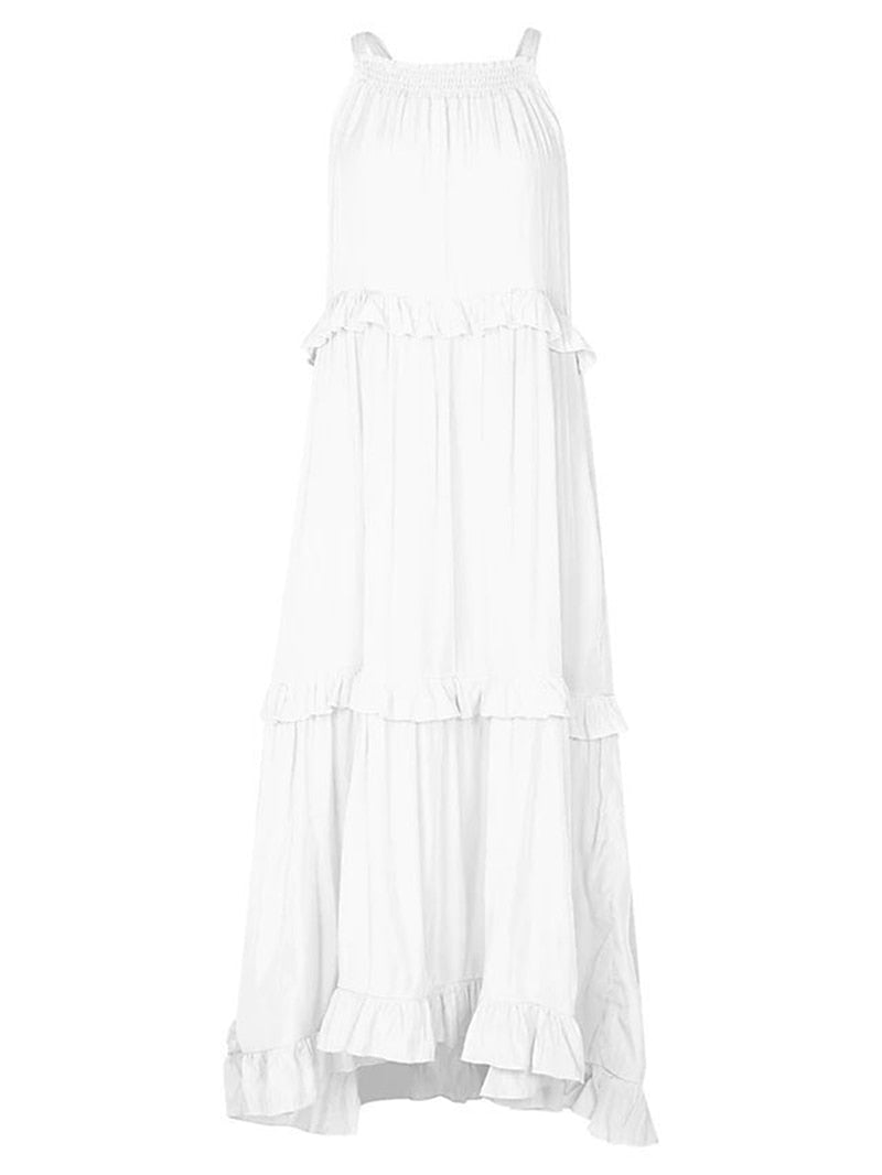 Casual Elegant Ruffle Halter Sleeveless Female Party Outfits Beach Maxi Dress