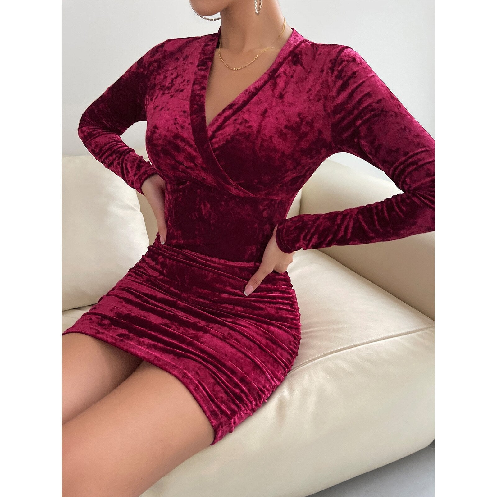 Black Sexy Club Dress for Women V Neck Bodycon Dress Full Sleeve High Waist Versatile Mini Dress Streetwear Ladies Fashion