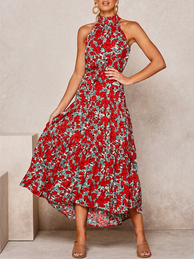 Boho Dress Women Summer Sleeveless Bohemian Halter Long Dress Ladies Vacation Holiday Party Beach Maxi Dress Vestidos De Mujer