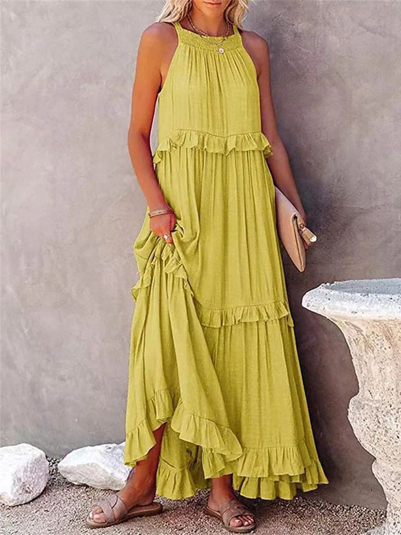 Casual Elegant Ruffle Halter Sleeveless Female Party Outfits Beach Maxi Dress