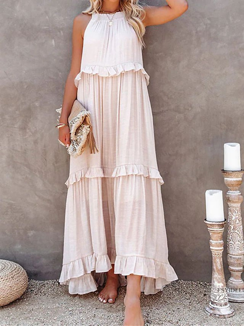 Casual Elegant Ruffle Halter Sleeveless Female Party Outfits Beach Maxi Dress