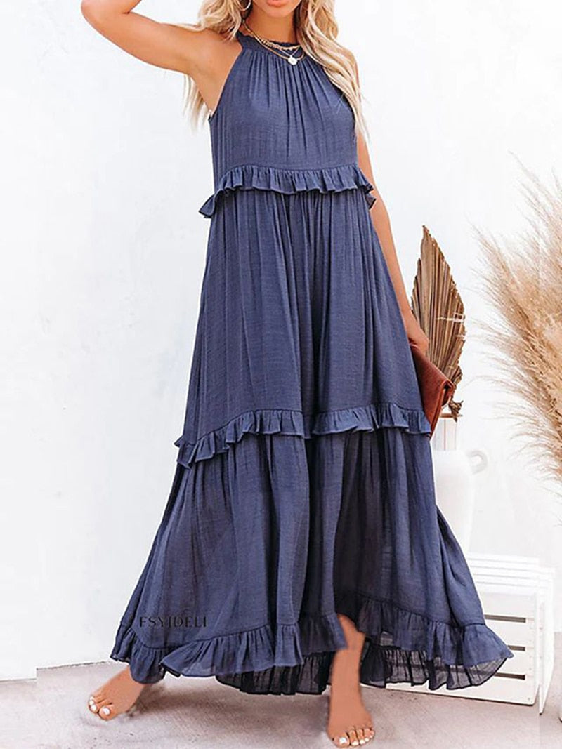 Casual Elegant Ruffle Halter Sleeveless Female Party Outfits Beach Maxi Dress