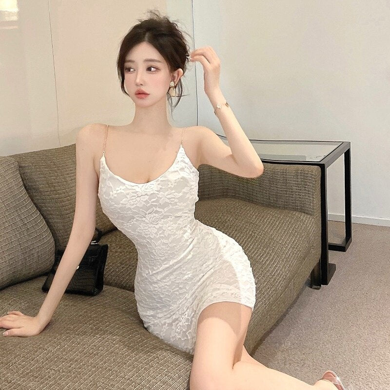 Black White Lace Dress Backless Vintage Mini Dress Ladies Strapless Short Party Dress Sleeveless Spaghetti Strap Dresses