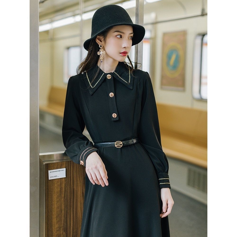 Casual Clothes Long Sleeve Strap Midi Black Vintage Dress