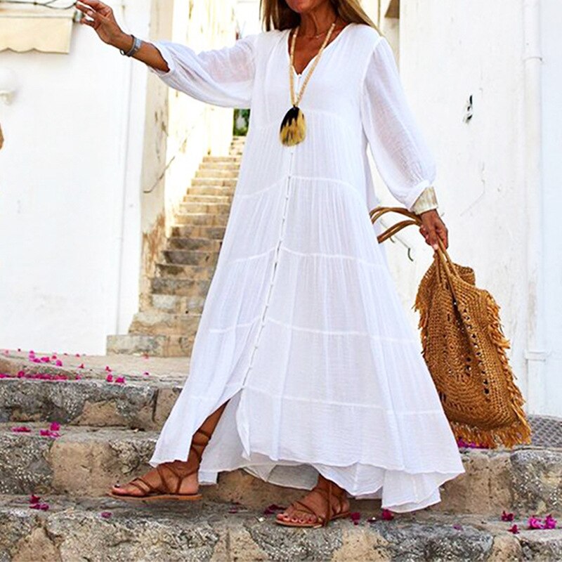 Bohemian Solid V-Neck Loose Dress Spring Autumn Women's Fashion Slim Single breasted Long Sleeve Cotton Hemp Ruffle Dresses