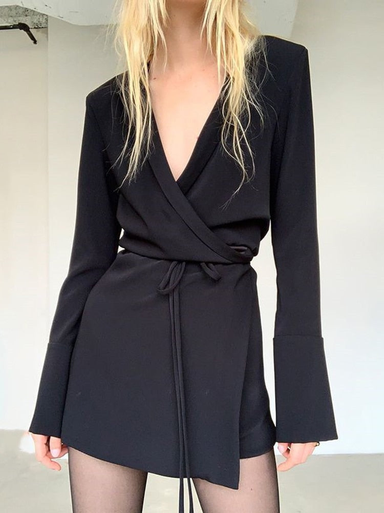 Black Satin V-Neck Shirt Dress Women 2023 Spring Flare Sleeve Lace Up Mini Dresses Elegant Ladies Party Vestidos