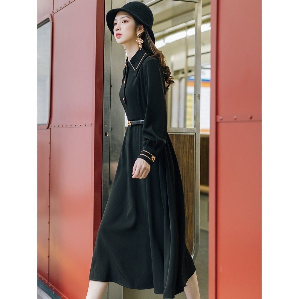 Casual Clothes Long Sleeve Strap Midi Black Vintage Dress