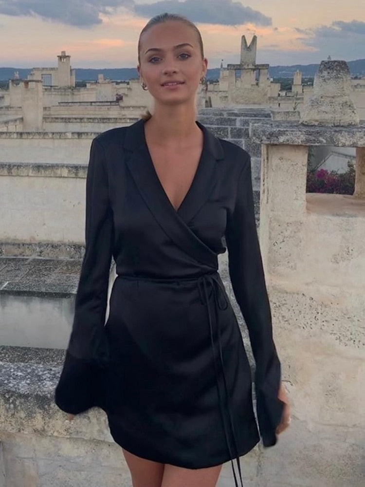 Black Satin V-Neck Shirt Dress Women 2023 Spring Flare Sleeve Lace Up Mini Dresses Elegant Ladies Party Vestidos