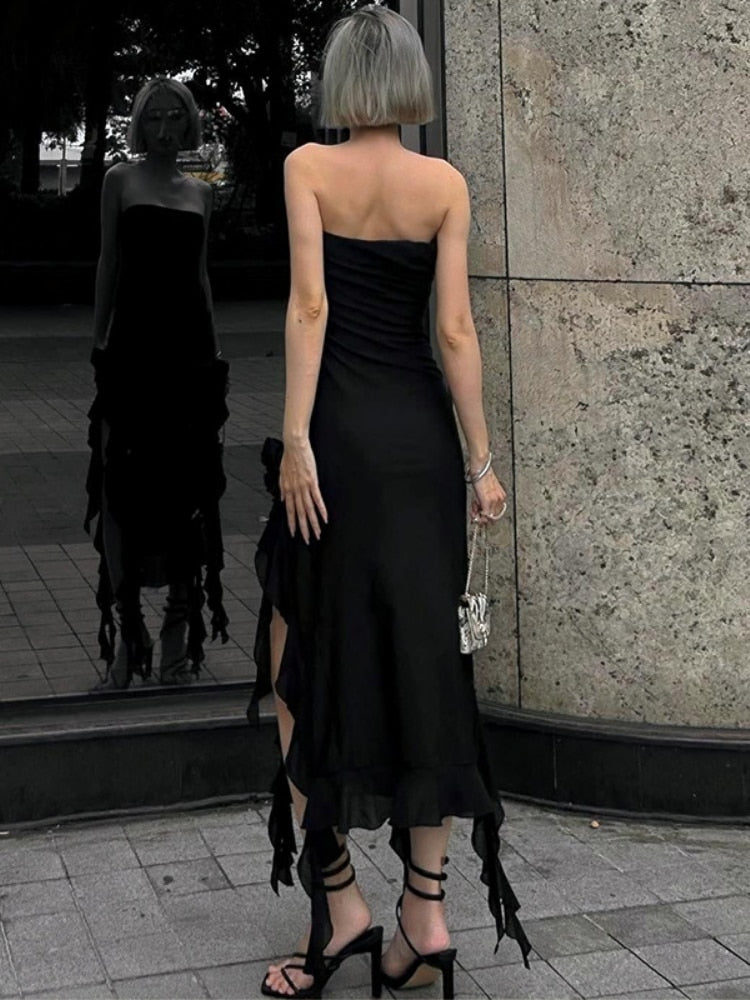Black Strapless Midi Dress Women Fashion Irregular Ruffles Y2K Fairy Dress Sexy Backless Split Party Club Outfits 2024 Summer