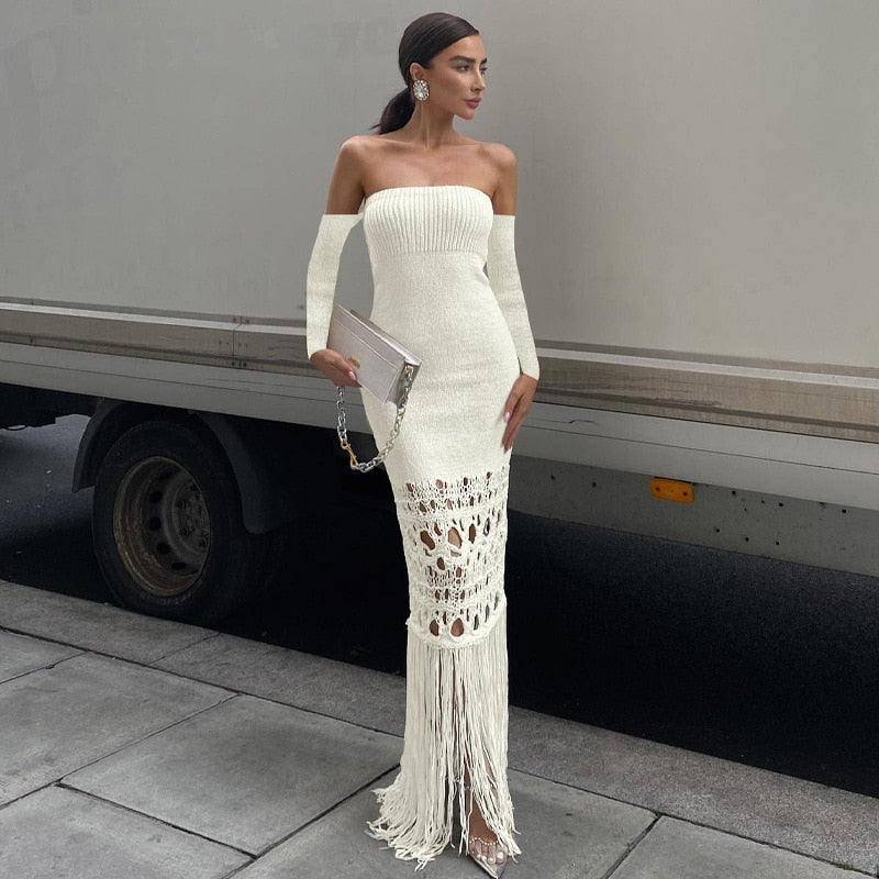 Bodyocn Maxi Dress for Women Elegant Sexy Strapless Christmas Party Dress Autumn Long Sleeve Tassel Knitted Sweater Dress