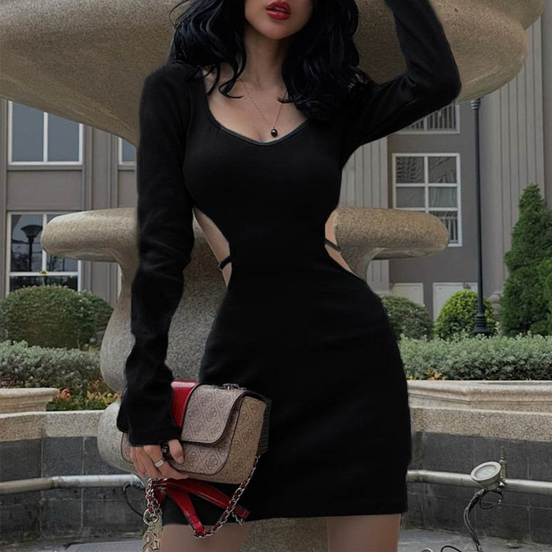 Blue Bodycon Dresses for Women 2023 Spring Fashion Cut Out Lace Up Backless V Neck Long Sleeve Mini Dress