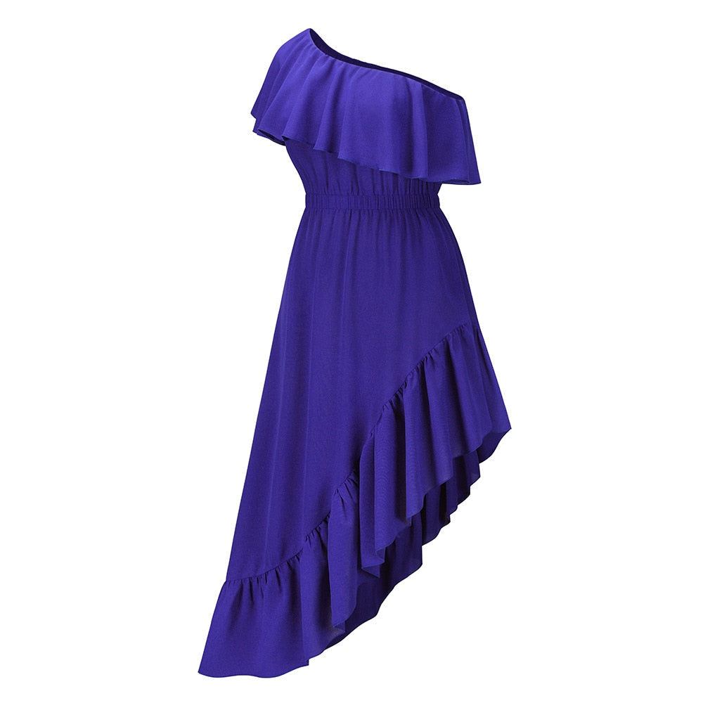 Black/Red Inclined Shoulder Asymmetrical Elegant Evening Party Dresses Ruffle Women's Summer Fashion Bohemia Sexy Beach Dress