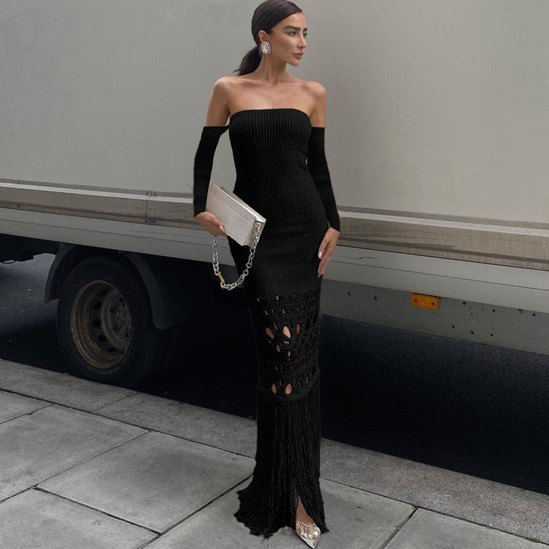 Bodyocn Maxi Dress for Women Elegant Sexy Strapless Christmas Party Dress Autumn Long Sleeve Tassel Knitted Sweater Dress