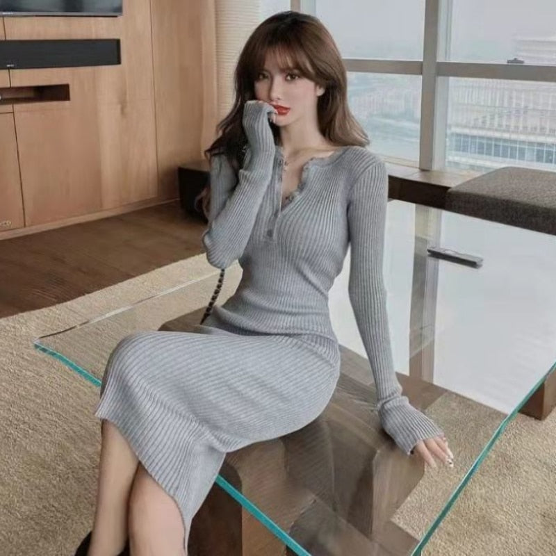 Black Sexy Female Knit Dress Winter Autumn Wrap Midi Green Bodycon 2023 Fashion Sweater Dresses Woman Vintage Korean Mini Short