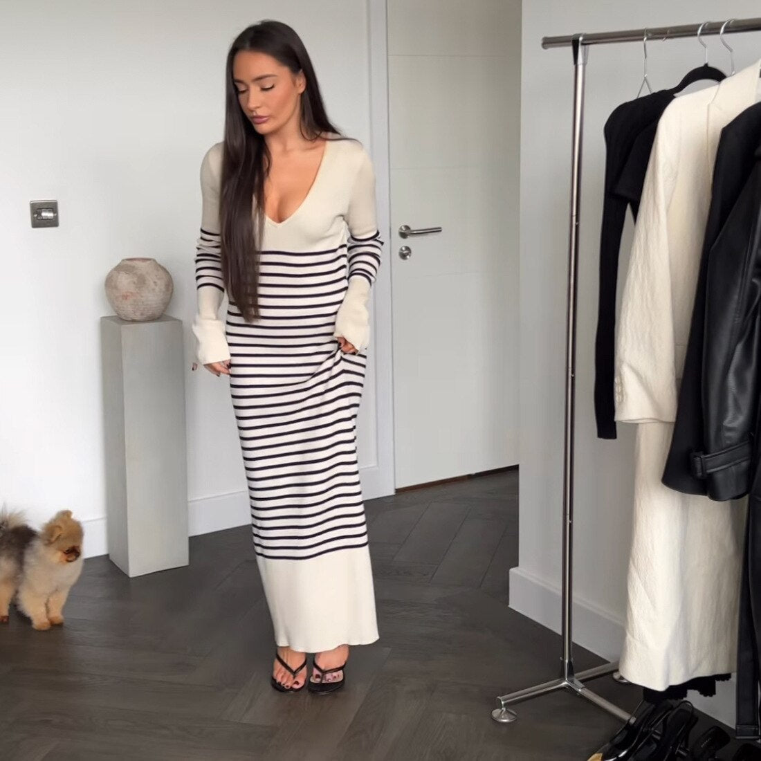 Black White Striped Knitted Maxi Dress for Women Elegant Long Sleeve Slim Sweater Dress Autumn Winter Causal Long Dress 2023