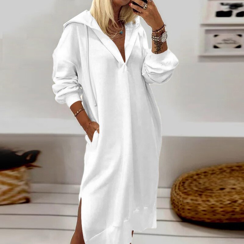 Casual Loose Side Split Hooded Pullover Dress