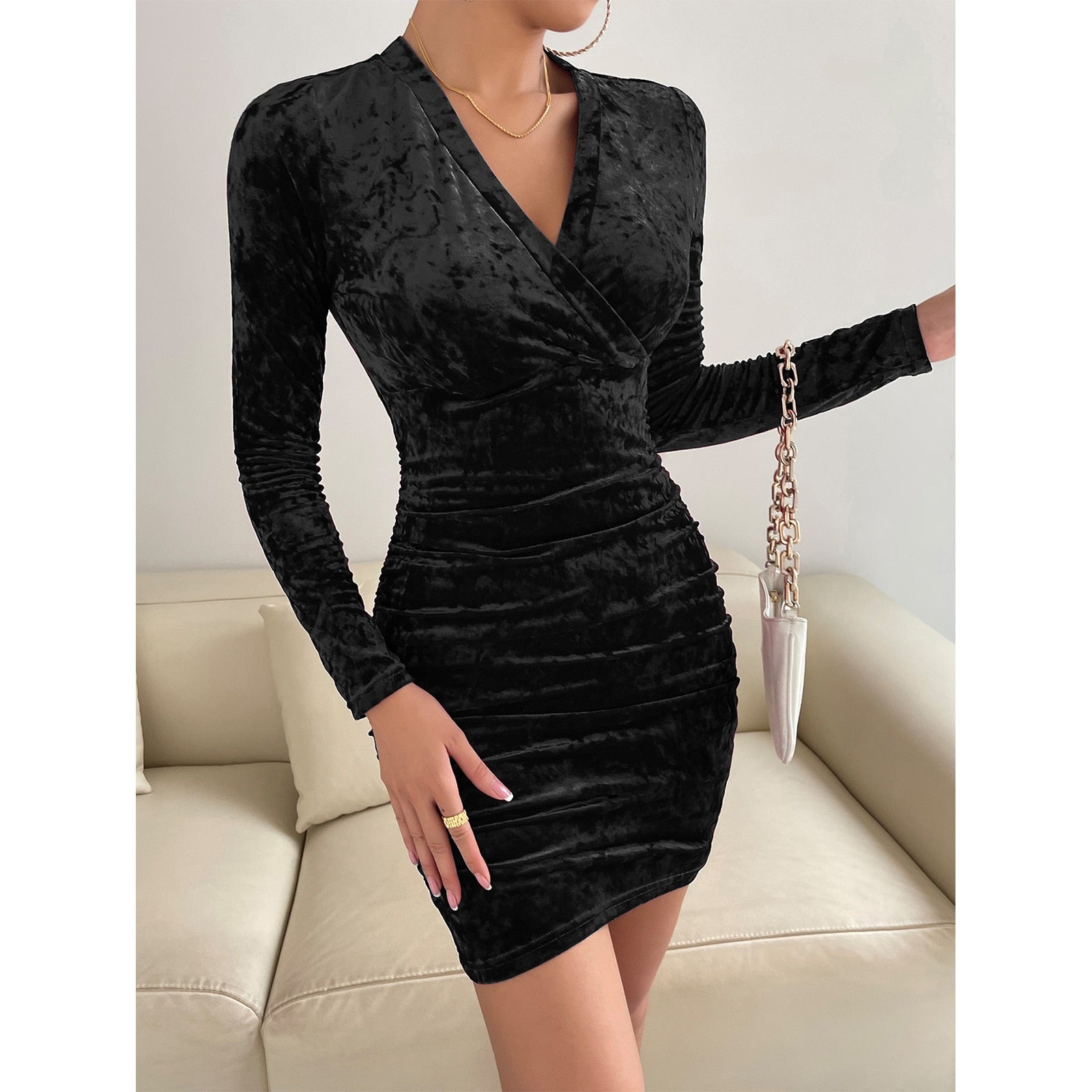 Black Sexy Club Dress for Women V Neck Bodycon Dress Full Sleeve High Waist Versatile Mini Dress Streetwear Ladies Fashion