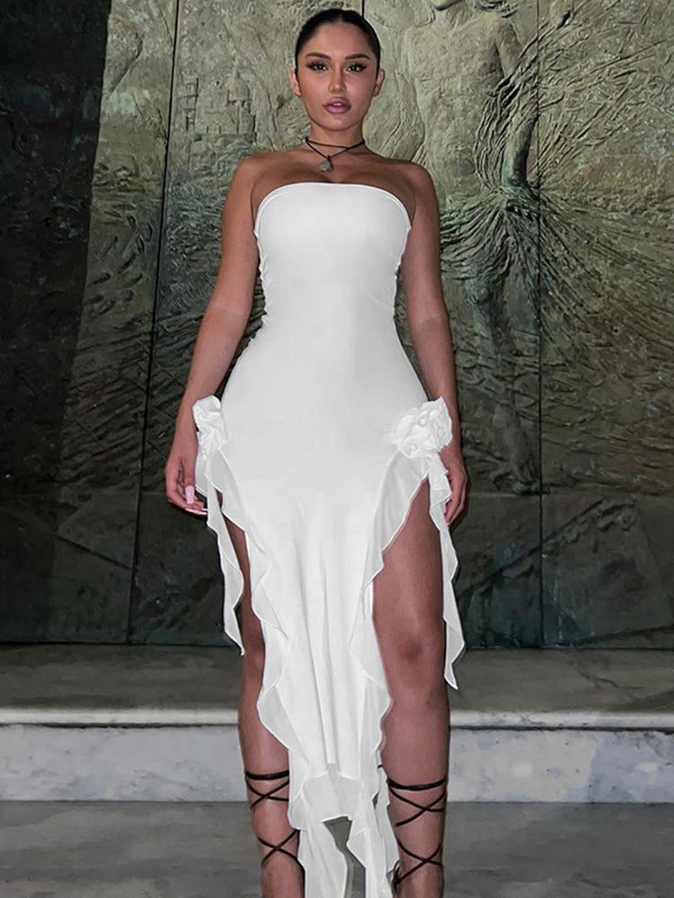 Black Strapless Midi Dress Women Fashion Irregular Ruffles Y2K Fairy Dress Sexy Backless Split Party Club Outfits 2024 Summer