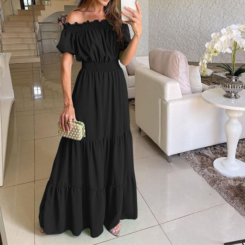 Casual Elegant Ruffle Halter Sleeveless Female Party Outfits Beach Maxi Dress