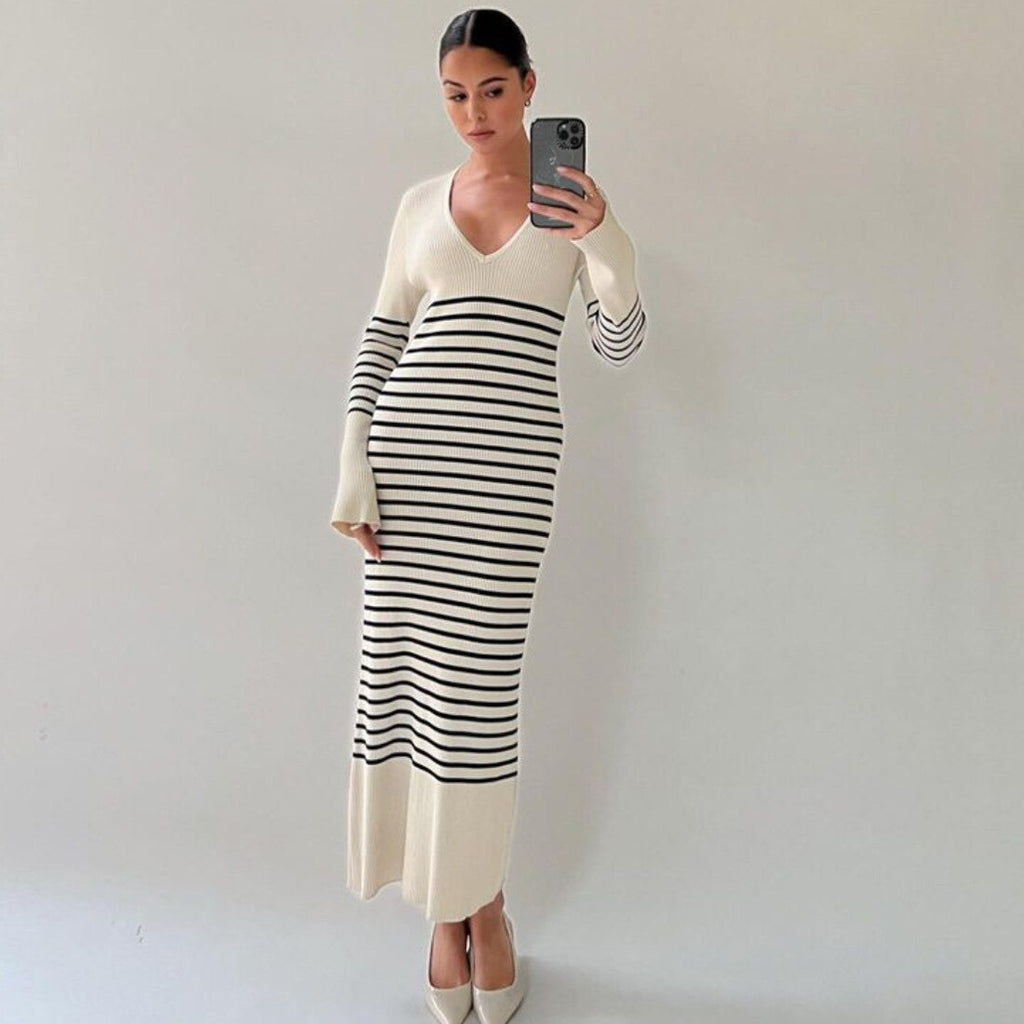 Black White Striped Knitted Maxi Dress for Women Elegant Long Sleeve Slim Sweater Dress Autumn Winter Causal Long Dress 2023