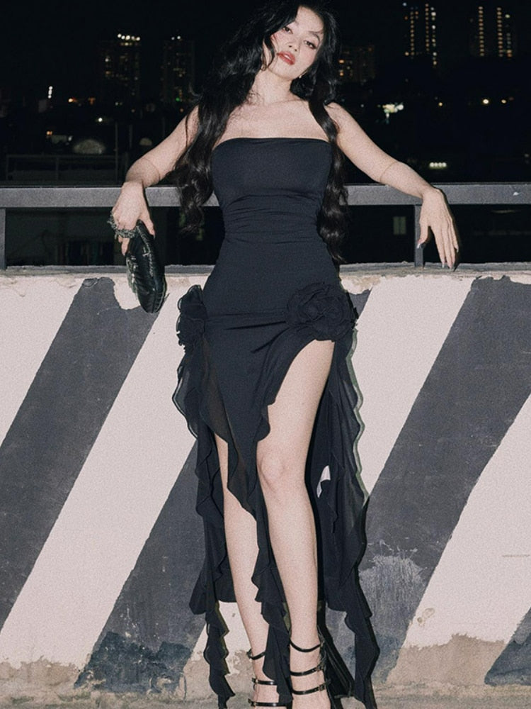 Black Strapless Midi Dress Women Fashion Irregular Ruffles Y2K Fairy Dress Sexy Backless Split Party Club Outfits 2024 Summer